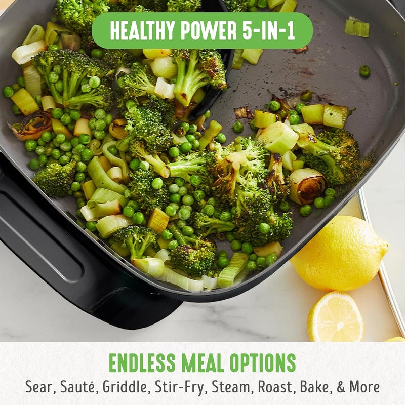 GreenLife مقلاة كهربائية مربعة 12" سعة 5QT، غطاء زجاجي مع فتحة تهوية، داخلية غير لاصقة خالية من PFAS، تحكم في درجة الحرارة قابل للتعديل، مقابض باردة اللمس، تسخين سريع ومتساوي، مقاومة للخدش، سوداء - Image 4